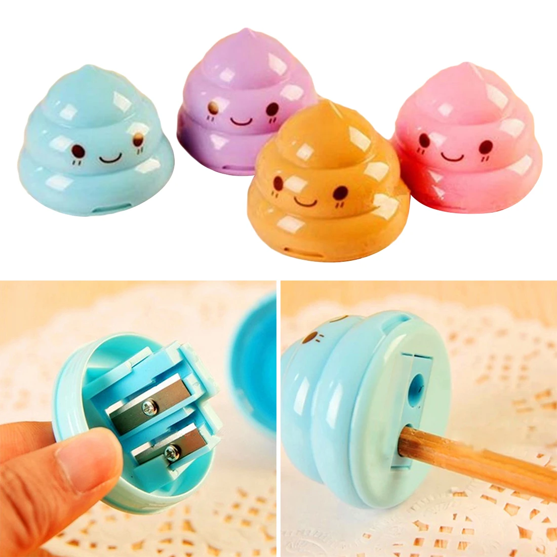 

Kawaii Shit Shape Pencil Sharpener Cutter Knife Double Orifice Pole Piece Promotional Originality Gift Stationery Color Random