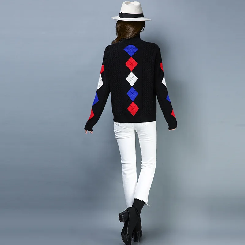 2019 Autumn Winter Diamond Wool Pullovers Sweaters Women Elegant Knitted Turtleneck Long Sleeve Black Sweater Female Knitwear