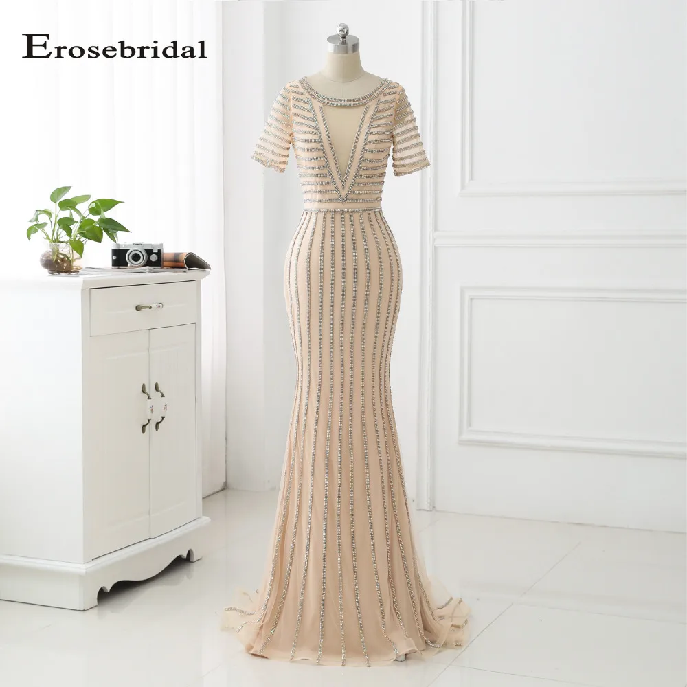 

48 Hour Shipping Erosebridal Mermaid Evening Dress 2019 Champagne Half Sleeve Women Gowns Vestido De Festa Sweep Train ZLR021