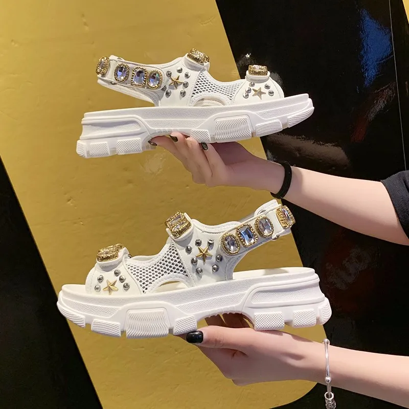 2019 летние женские сандалии на плоской подошве уличные со стразами Mujeres Sandalias Zapatos |