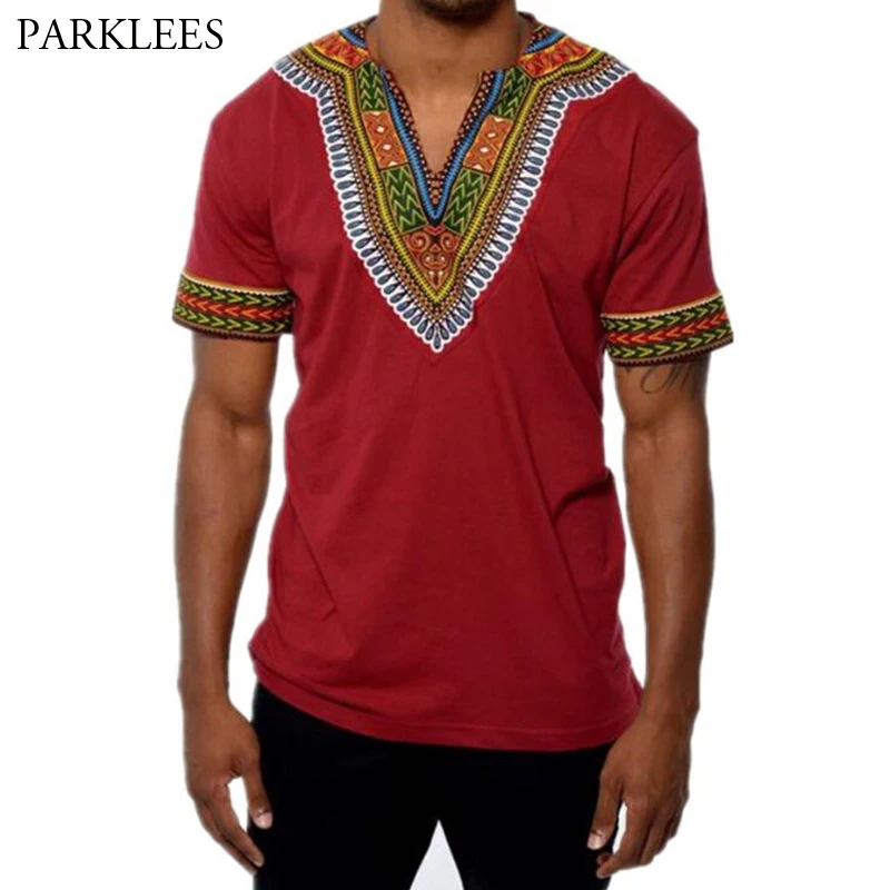 Fashion Men Short Sleeve Shirt V-Neck African Dashiki Tribal Casual Top T-shirt