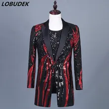 Модное длинное пальто высокого качества с красными черными пайетками, мужской деловой костюм, куртки, вечерняя вечеринка, сценический костюм, певец и ведущий костюм