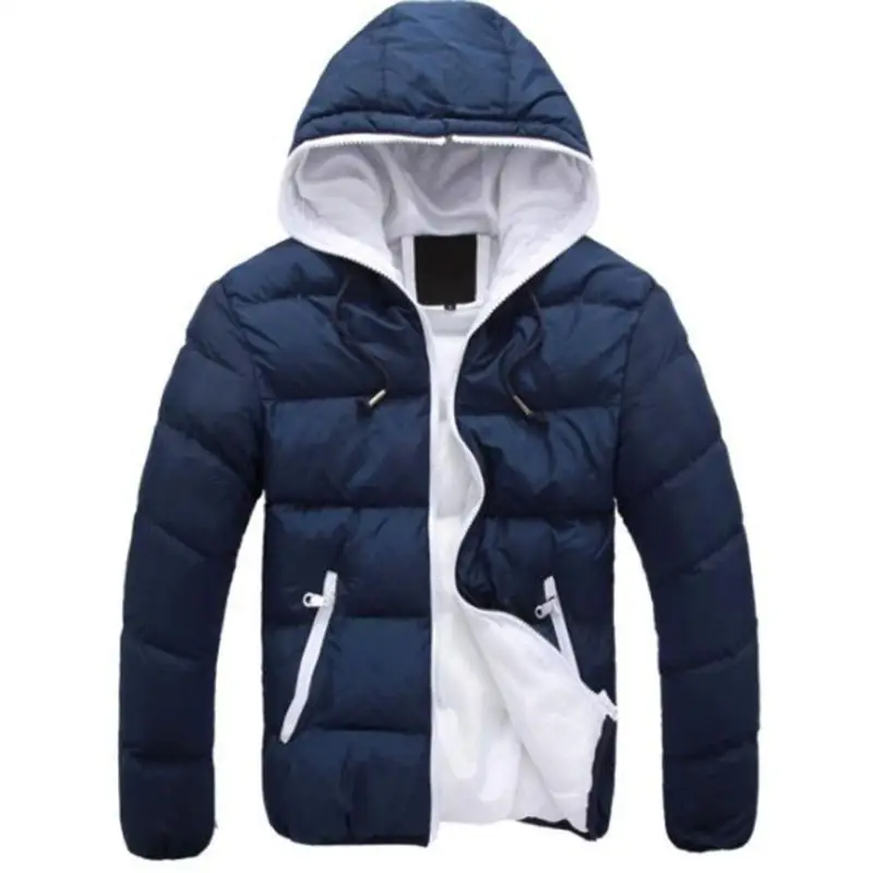 Зимняя хлопковая теплая верхняя одежда, парка, зимняя куртка, мужская с капюшоном и воротником, пальто, мужские теплые пуховые повседневные пальто с карманами на молнии - Цвет: Тёмно-синий