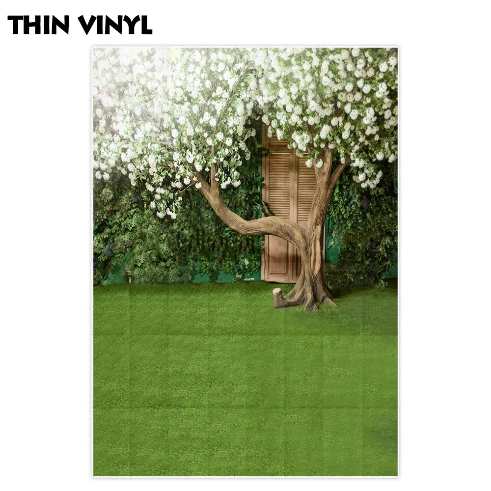 Funnytree photophone backdrops green screen white flower wood door tree meadow nature wedding mariage photo background photocall