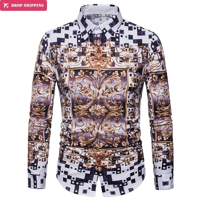 

Stylish Men's Luxury Gold Floral Print Dress Shirt 2018 Brand New Casual Slim Fit Long Sleeve Shirt Men Camisa Social Masculina