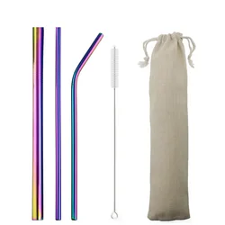Colorful Reusable Stainless Steel Metal Straws with Cleaning Brush - Bent Drinking Straw Set (Rainbow)