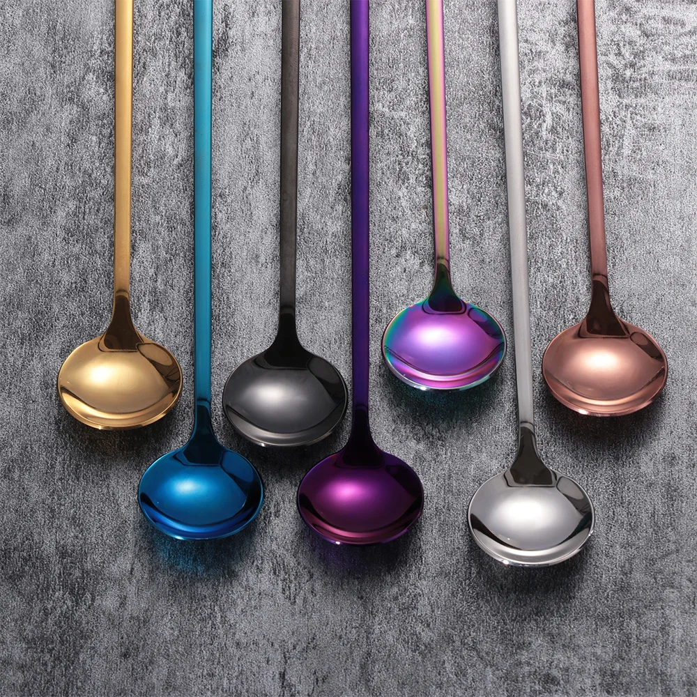 Rainbow Color stainless steel spoons stainless steel spoons forks Coffee Tea Stir Spoon Long Handle Ice Cream Dessert Spoons Eco-Friendly Stainless Steel Tableware Kitchen Supplies