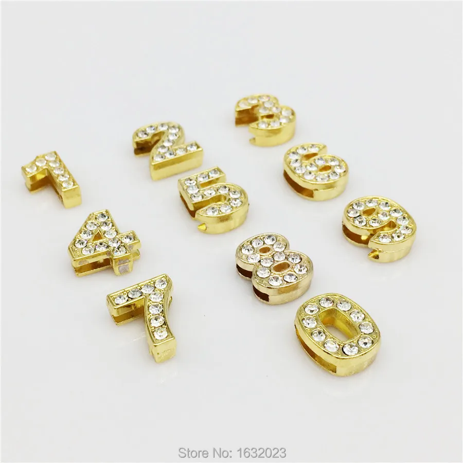 

50PCS/Lot 8MM Full Rhinestones Gold Color Slide Number"0-9""Number Choose Freely" Slide Charms Fit DIY Wristband Bracelet SN03