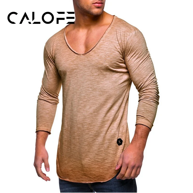 

CALOFE Brand Man T Shirts Long Sleeve Running Neck Solid Color Tops For Men Gym Sports Slim Fitness Male Tight Running Shirt