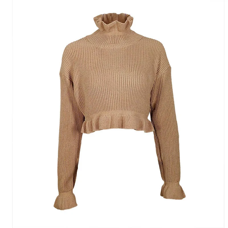 Ubei Hot style autumn clothing knitted ruffles base ruffles turtleneck sweater women short pullover crop top fashion  