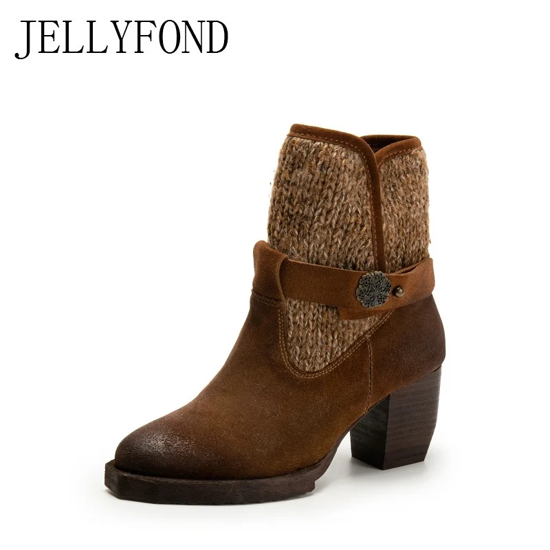 

2017 Vintage Style Pointed Toe Genuine Leather Knitted Patchwork Women Ankle Boots Designer Handmade Chunky Heel Platform Boots