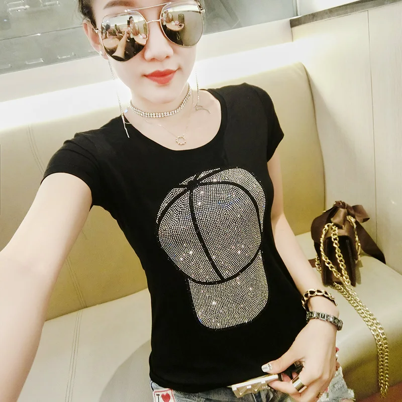 

Hats Diamonds T shirt Women summer Casual Cotton O-Neck Tops female version fashion clothes new short sleeve T-shirt 46