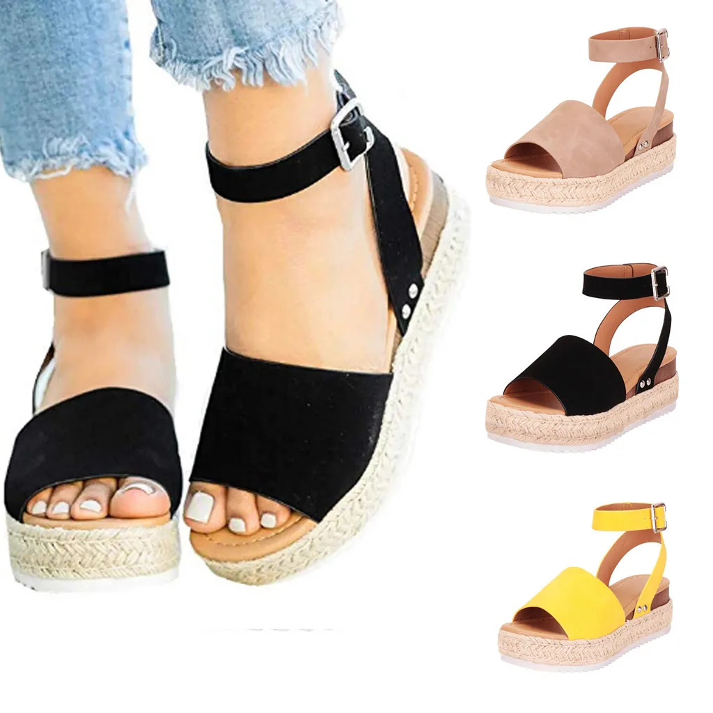 

JAYCOSIN Women's Sandals Shoes Casual Rubber Sole Studded Wedge Buckle Ankle Strap Open Toe Sandals Summer Shoes Woman #42