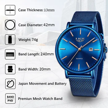 

LIGE Mens Watches Top Brand Luxury Sport Watch Ultrathin Mesh Casual Waterproof Quartz Watches Men Blue Clock Relogio Masculino