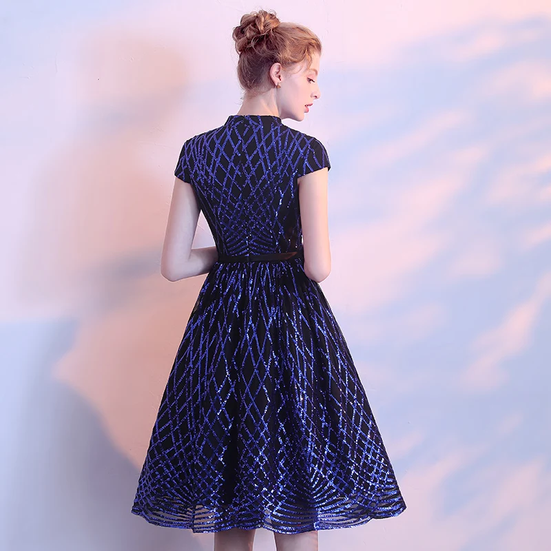 SSYFashion/Новое короткое коктейльное платье банкетное платье длиной до колена с высоким воротом, голубое блестящее праздничное платье на заказ, торжественные платья