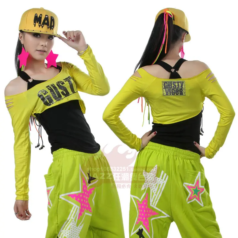 

New Fashion Brand hip hop top dance female Jazz costume performance wear twinset Sexy casual oblique faux two-piece t-shirt