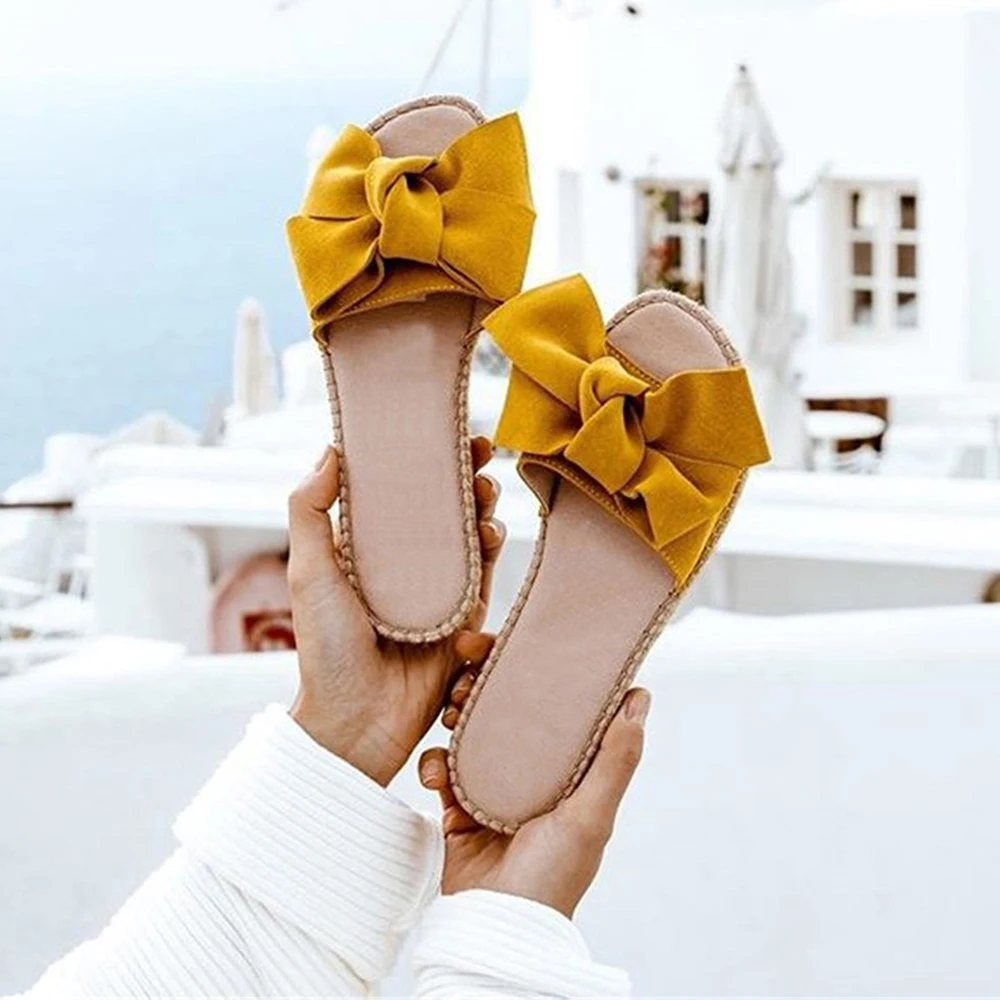 

vertvie Outdoor Beach Flock Bowknot Flip Flops Casual Women Slippers Summer Female Girls Bow Tie Flat Heel Open Toe Shoes Plus