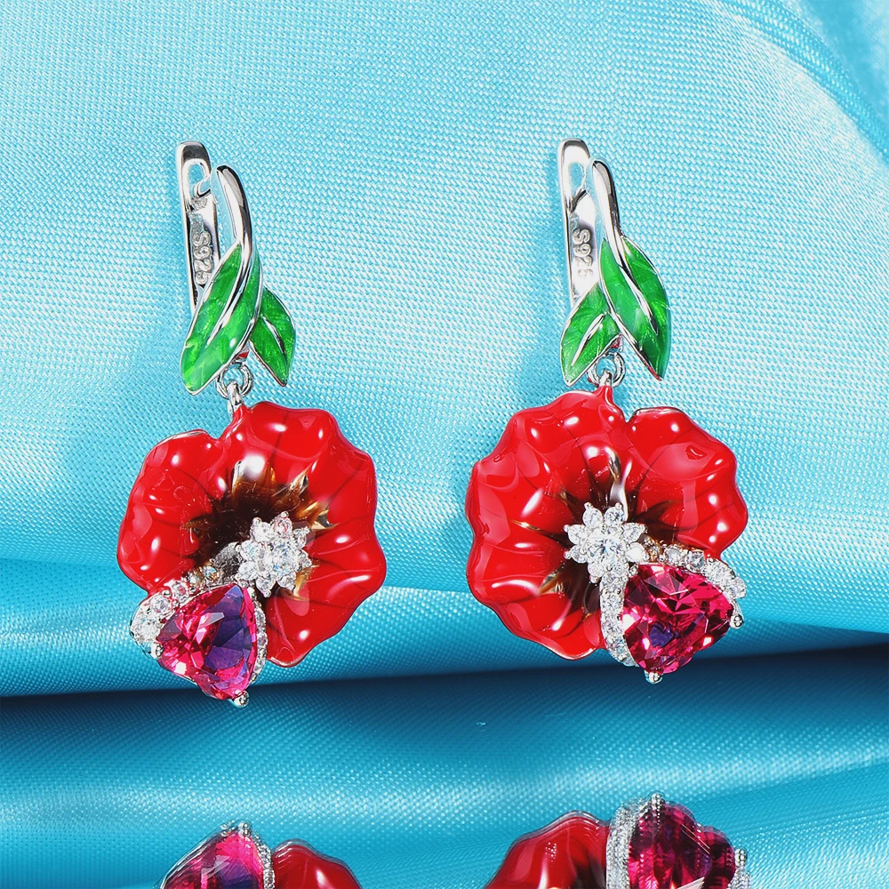 

WindJune Red Flower Enamel Silver Engagement Earrings for women 925 silver Drop Earring Zircon Handmade Party Jewelry