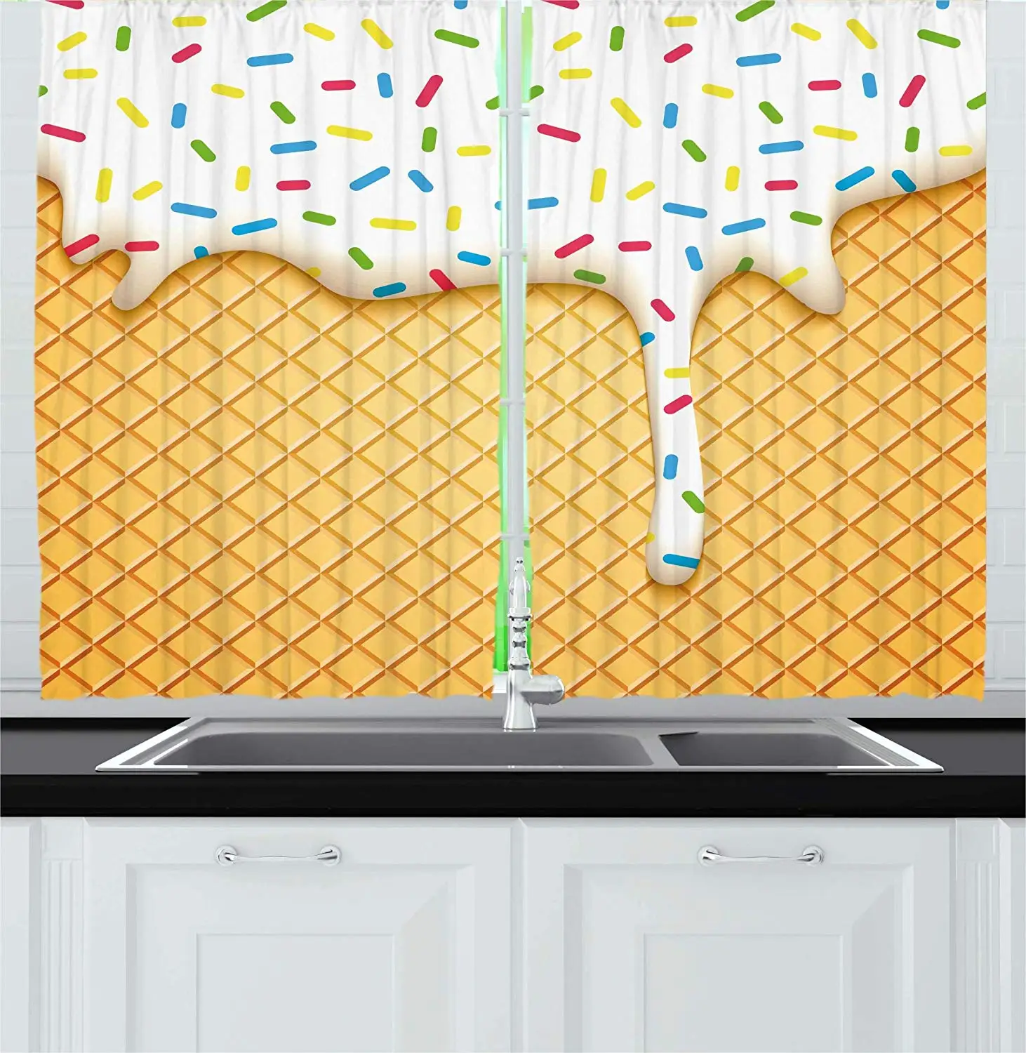 

Food Curtains Cartoon Like Image of and Melting Ice Cream Cones Colored Sprinkles Artistic Print Window Drapes for Living Room