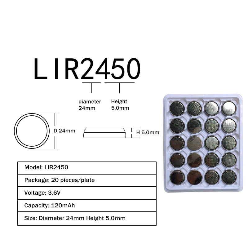 20x3,6 В LIR2450 перезаряжаемые кнопочные батареи, зарядка 500 раз, литиевые батарейки, заменены CR2450, Новинка