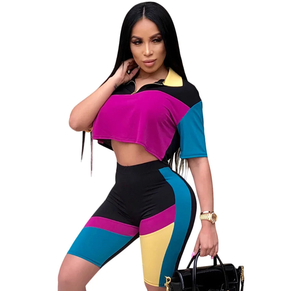

Summer Playsuits Front Zipper Short Sleeve Ladies Casual Skinny Playsuit Color Block Patchwork Two Piece Rompers Womens Jumpsuit