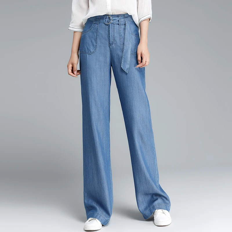 Women Denim split pants Loose wide leg trousers Lady