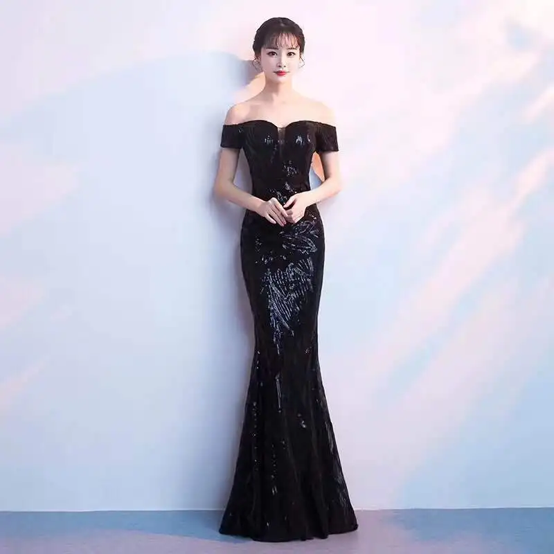 

Black Leaves Sequins Off Shoulder Short Sleeve Luxury Elegant Dress Women Bodycon Sexy Club Party Dresses Vestido De Festa Longo