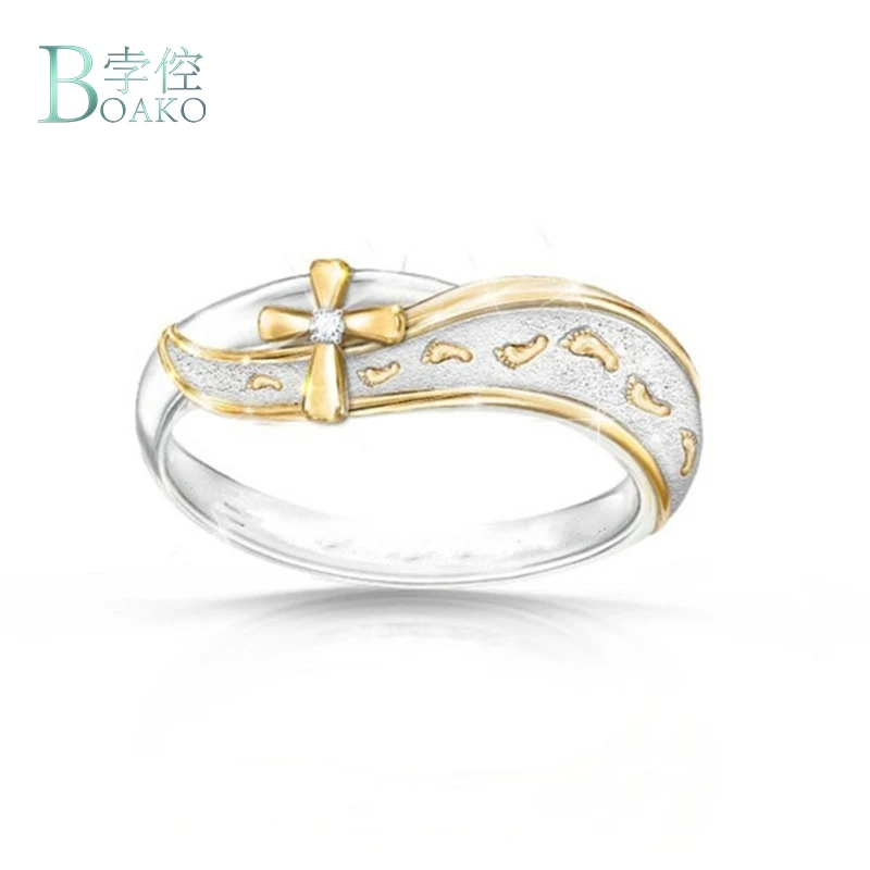 BOAKO 2019 Two-tone Cross Ring Silver Gold Color Footprint Clear Zircon Rings Female Wedding Engagement Lucky Jewelry | Украшения и