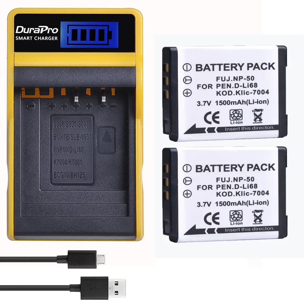 Комплект из 2 предметов 1500 мА/ч, NP-50 KLIC-7004 D-Li68 Камера Батарея+ ЖК-дисплей USB Зарядное устройство для ЖК-дисплея с подсветкой Fujifilm FinePix F50FD F60FD F70EXR F75EXR F80EXR F85EXR