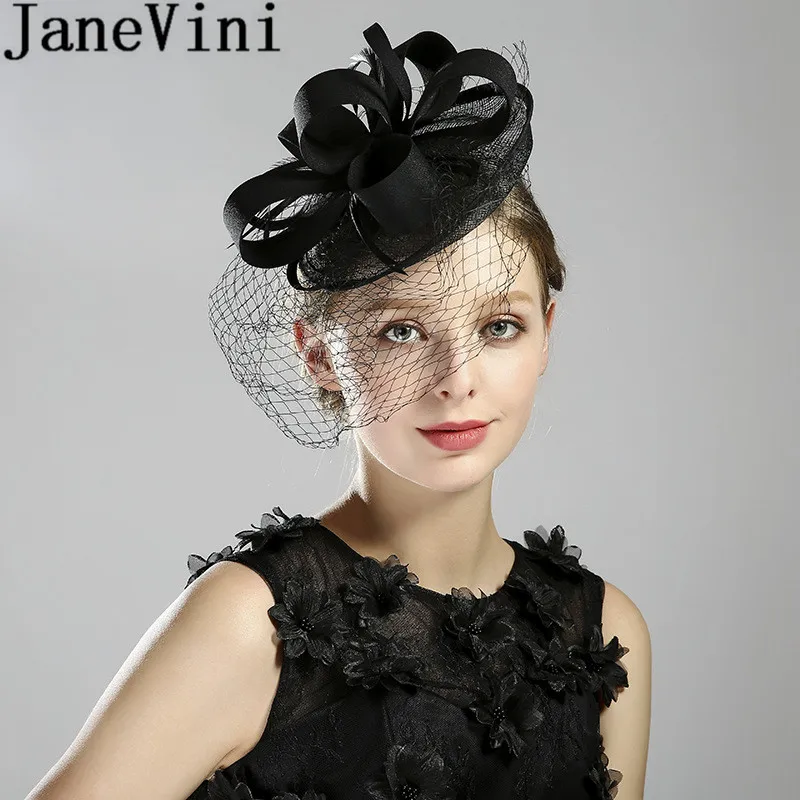 

JaneVini Hot Selling Bridal Net Feather Hats Black Feathers Birdcage Veil Western Boda Ladies Fascinator Wedding Bride Hats 2019