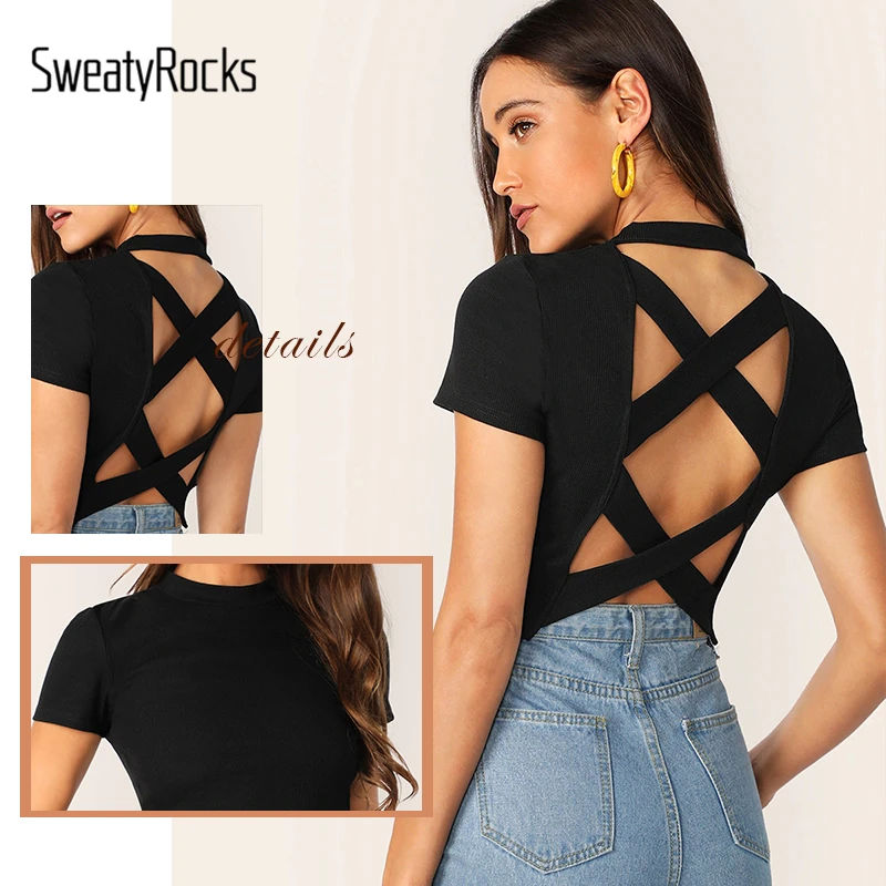 SweatyRocks черный крест-накрест с открытой спиной укороченная футболка со стоячим воротником сексуальный облегающий Топ летняя повседневная женская уличная однотонная тонкая футболка
