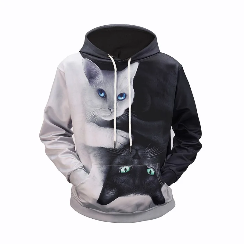 Autumn Fashion Hoodies Pullover Sweatshirt Cat Hoodies Black White