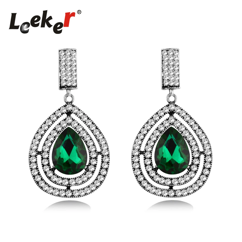 

LEEKER Vintage Black Green Blue Red Cubic Zircon Big Earrings For Women Wedding Party Dangle Earring Jewelry 144 LK1