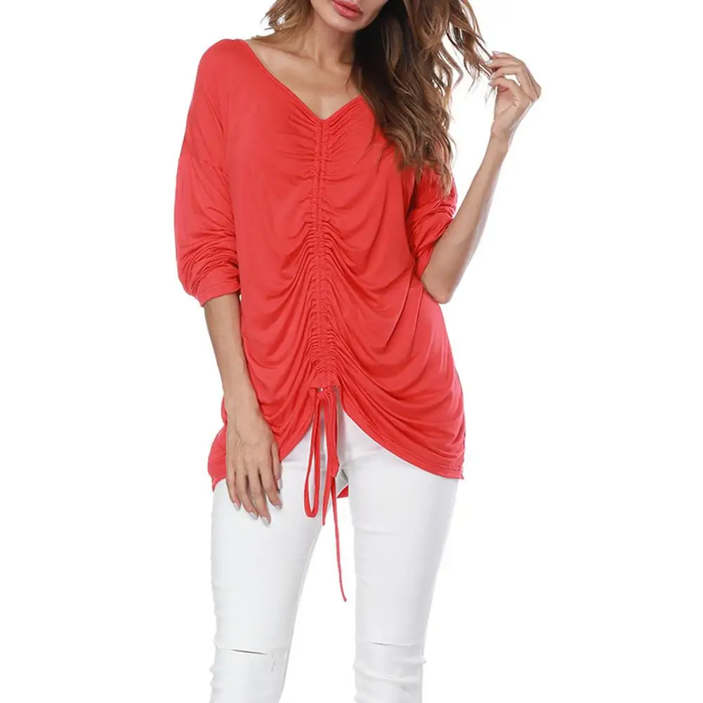 new Women Solid Color Casual Long Sleeve Drawstring Sexy T-Shirt Autumn Tunic Top
