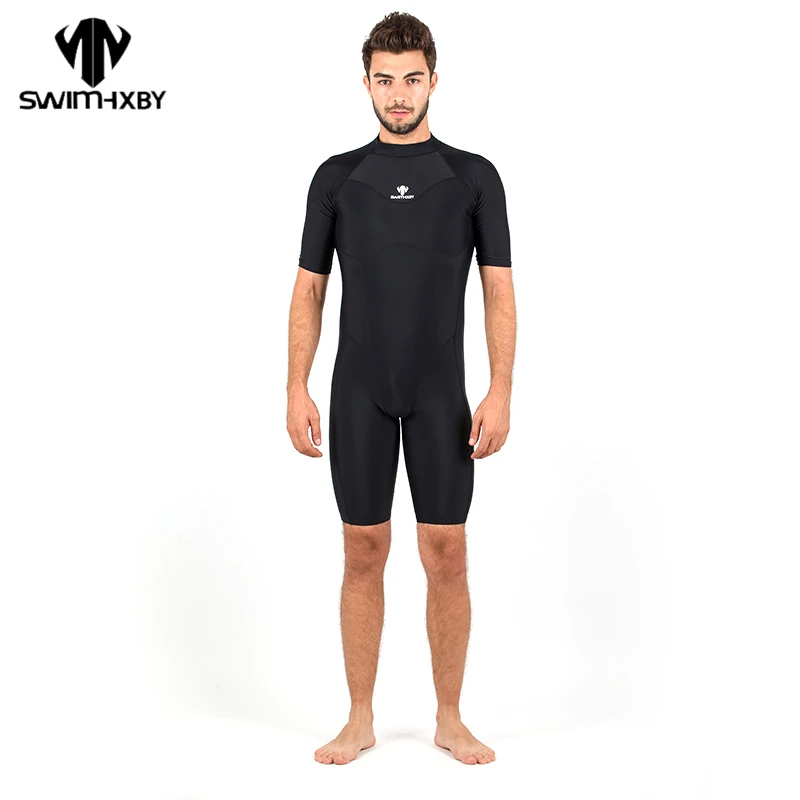 HXBY One Piece Black Triangle Training Swimsuit Men Competition Waterproof Male Swimwear Bathing