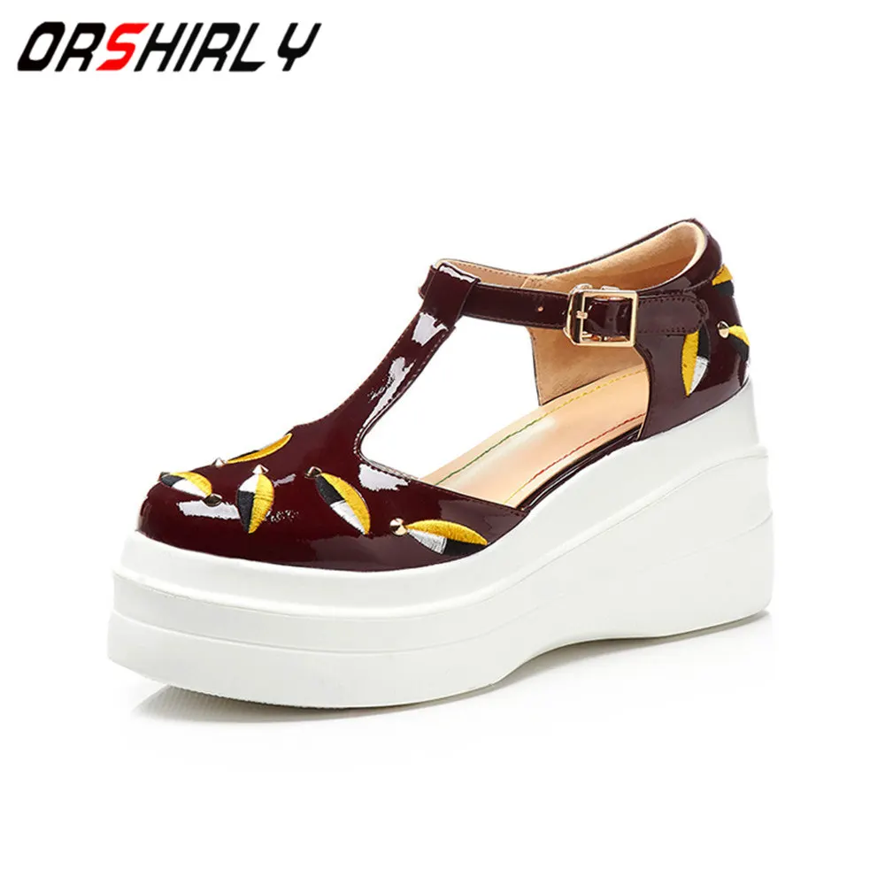 

Orshirly 2019 Spring Summer Fashion Women Flat Platform Shoes Women Embroidered Buckle strap round toe Concise casual shoes