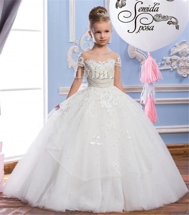 

Withe Ball Gowns with Button Bow Back Illusion Neck First Communion Dress Princess Dress Sheer Custom Made For Little Girls