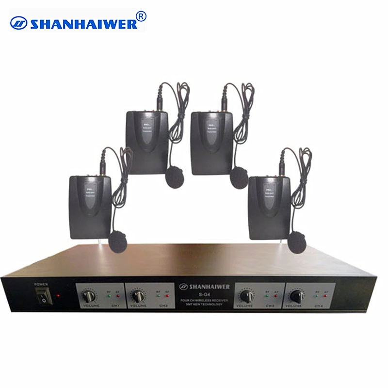 

Professional Dynamic UHF 4 channel collar-clip wirless karaoke microphone system customized Mic Player Communication Speaker