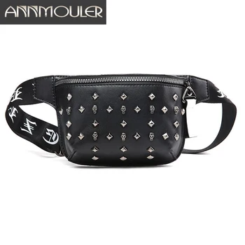 

Annmouler Unisex Women Waist Bag Pu Leather Rivet Fanny Pack High Quality Skull Waist Belt Pack Rock Bum Bag