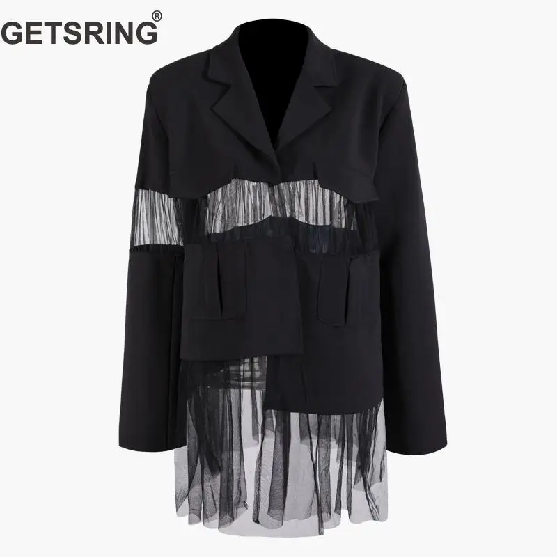 

GETSRING Woman Coat Irregular Mesh Stitching Perspective Suit Women Asymmetry Black White Loose Blazer Woman 2019 New Fashion