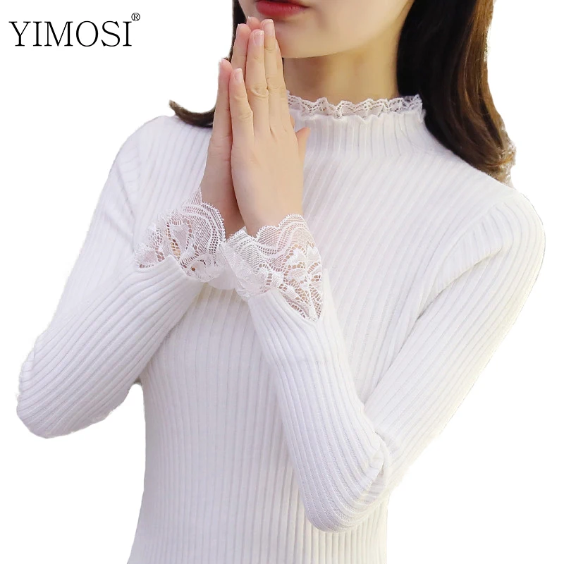 

Autumn Winter Women Lace Knitted Sweaters Casual Long Sleeve Turtleneck Pullovers Slim Tops 2019 Korean Lady Solid Jumper
