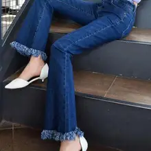Новые модные женские джинсы клёш джинсовые штаны повседневные Капри женские большие размеры с высокой талией синие весенне-осенние с кисточками хлопок tyn0910