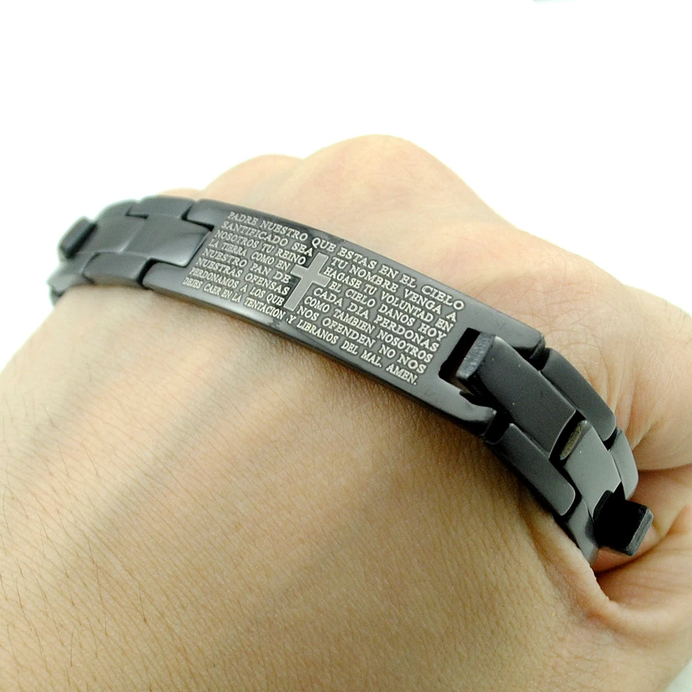 

Silver & Black Color ID Bracelet Stainless Steel Cross Bible Scripture Spanish Men Jewelry HB012