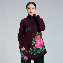 Новинка, женская зимняя футболка, свободный крой, китайский стиль, пион, ручная роспись, водолазка, флис, тройники, 3 цвета, размера плюс, топы, XL-XXXXXL