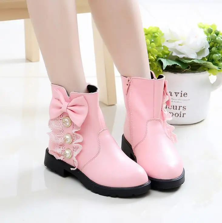 New Winter Girls High Boots Cute Bow Waterproof Female Children Snow Boots Fashion Warm Girls Kids Shoes - Color: picture  color