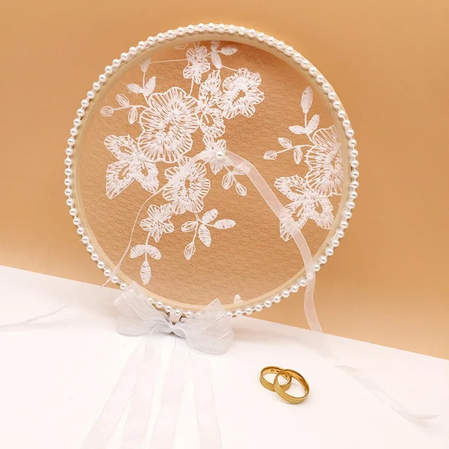 1pcs White Wood Lace Round Ring Pillow Holder Cushion Bearer Engagement Photo Props Wedding Decor Proposal Marriage Ring Pillow Fluorescence Yellow