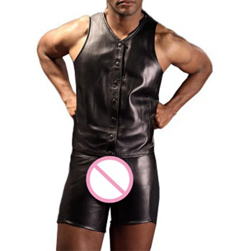 2017 Men's Sexy Tightfitting Leather Boxer Vest And Boxer Set Gay