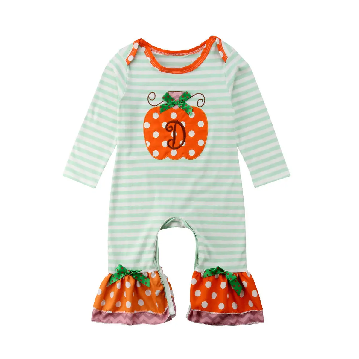 

Cute Newborn Baby Girl Long Sleeve Striped Pumpkin Romper Jumpsuit Flared Pant Outfits Halloween Clothes