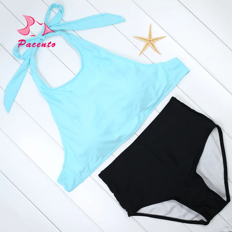 Pacento Solid Bikini Set Bandage Knot Swimsuit High Waist Beach Swimming Suit Blue Black Female Halter Swimwear Plus Size Plavky plus-size-black-swimsuit : image Pacento Solid Bikini Set Bandage Knot Swimsuit High Waist Beach Swimming Suit Blue Black Female Halter Swimwear Plus Size Plavky plus-size-black-swimsuit