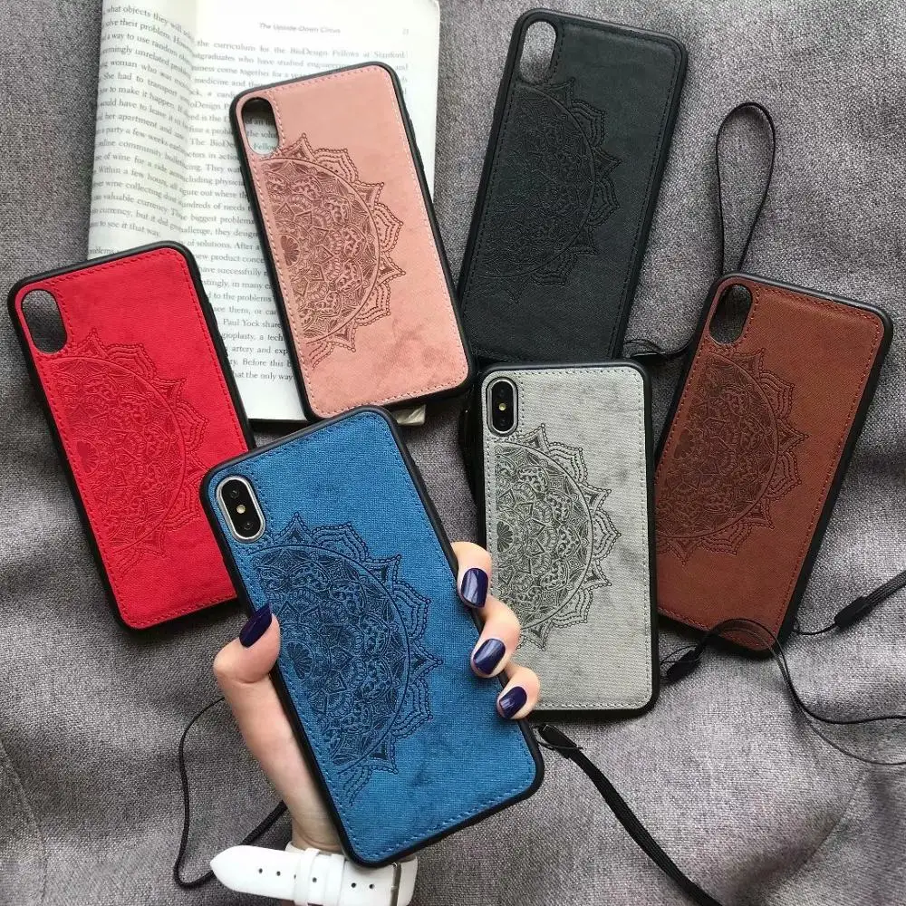 

Mandala Relief phone case for iPhone X Xs max XR luxury soft TPU Canvas style coque cover for iphone 7 8 6 6s plus with strap